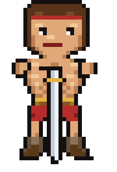 Kargan, the pixel-art barbarian hero, sword planted